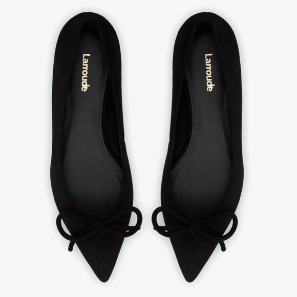 Larroude Lee Pointed Toe Bow Slip On Flats Size 6.5 Black Suede Leather NEW $275 - Picture 1 of 12
